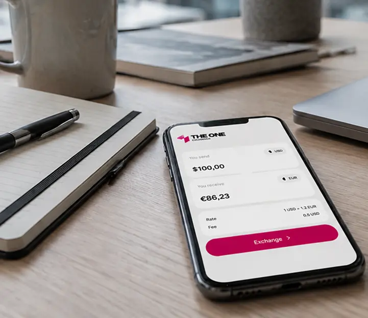 The One Exchange app on a smartphone on an office desk